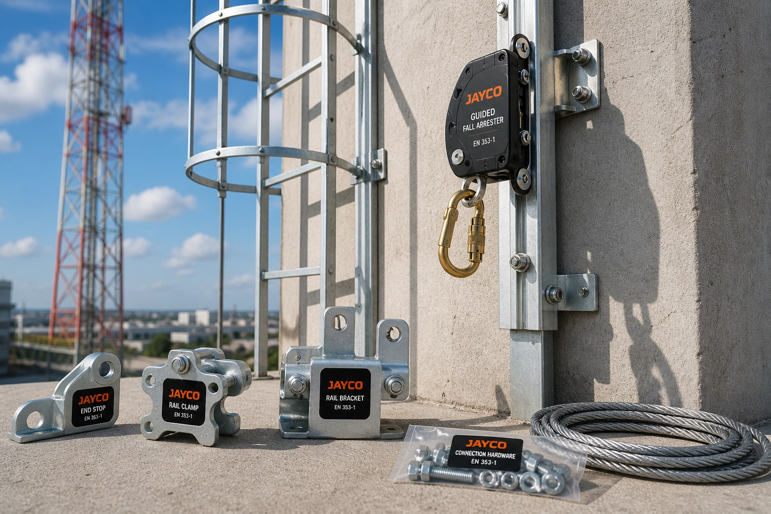Fall safe rail with cage ladder application
